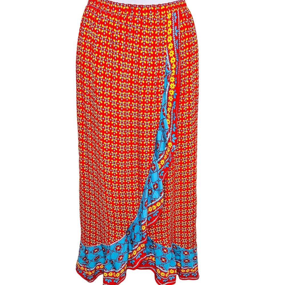 MAGIC Midi Skirt MEDIUM Red Blue Feminine Ruffle Pull On Tulip Hem Floral Boho